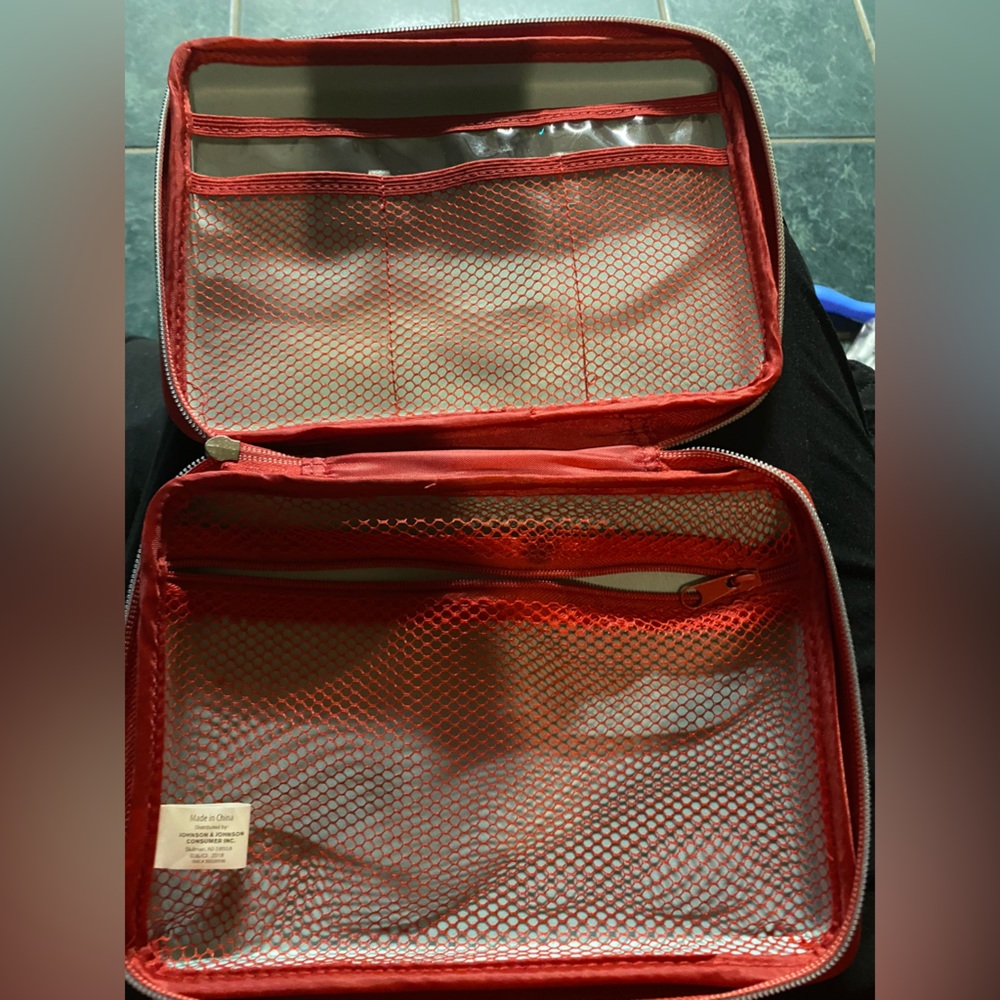 Red Cross Logo first aid kit luggage organizing zipper tote J&J hard shell mesh